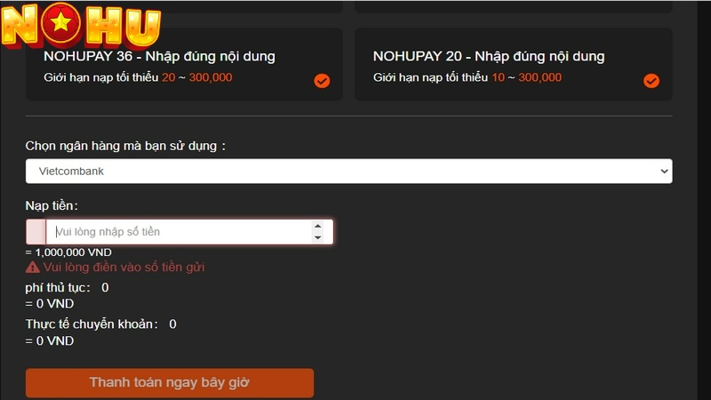 Nhập số tiền cược thủ muốn gửi vốn đầu tư